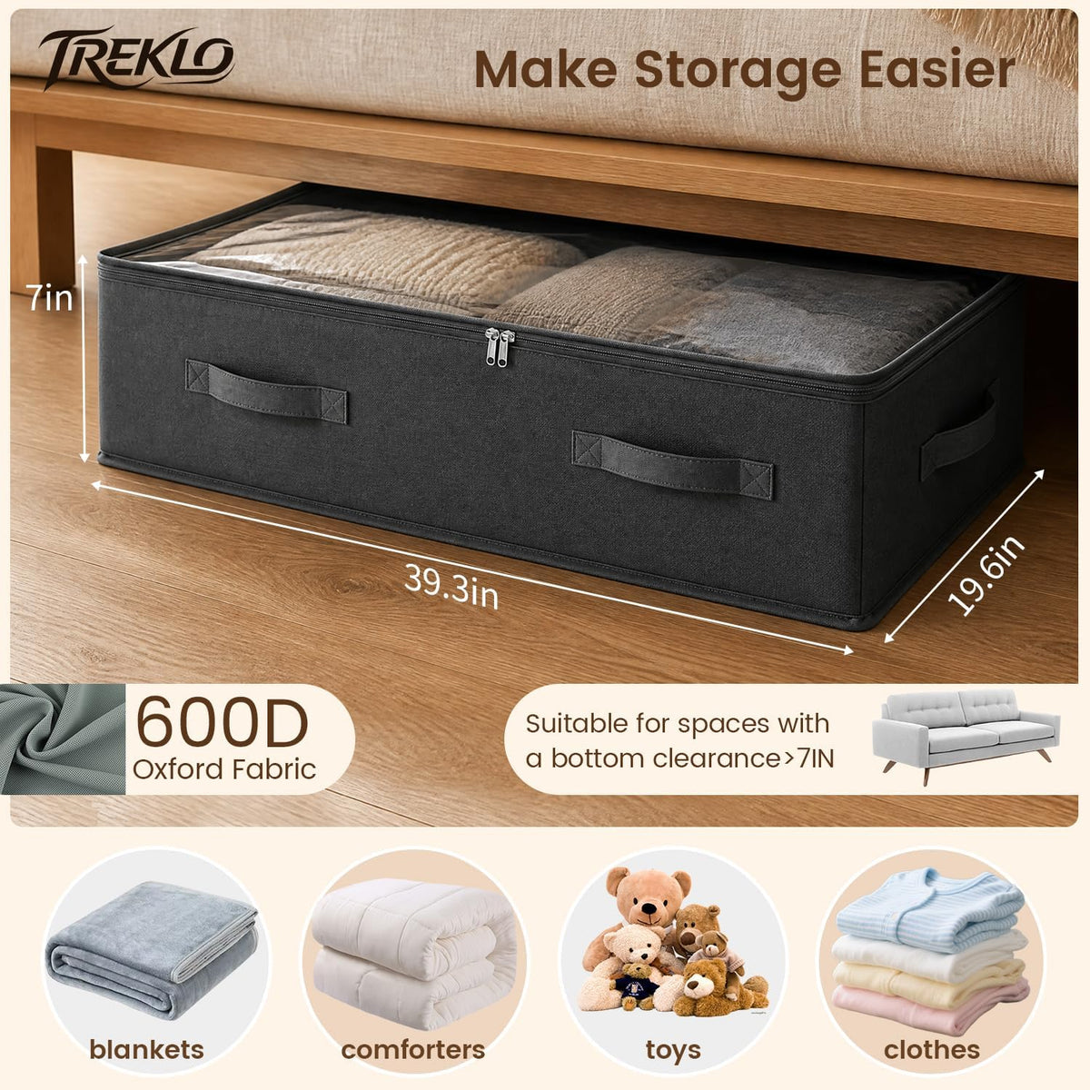 90L Under Bed Storage Bags, Black, 2 Pack