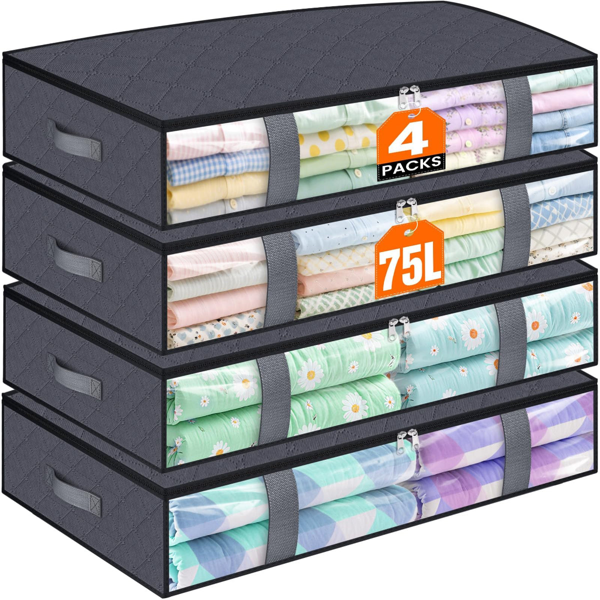 TasticTotes 4 Pack Under Bed Storage Containers, 60L Blanket Storage Bags