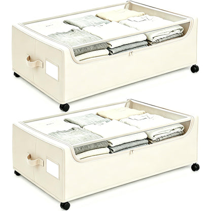 Under Bed Storage with Wheels, 2-Pack Under the Bed Storage Containers with Clear Lids & Label, Underbed Storage Bins, XXXL 85L 11 inches Rolling Metal Drawer for Clothes, Shoes, Toys, Books - Gray