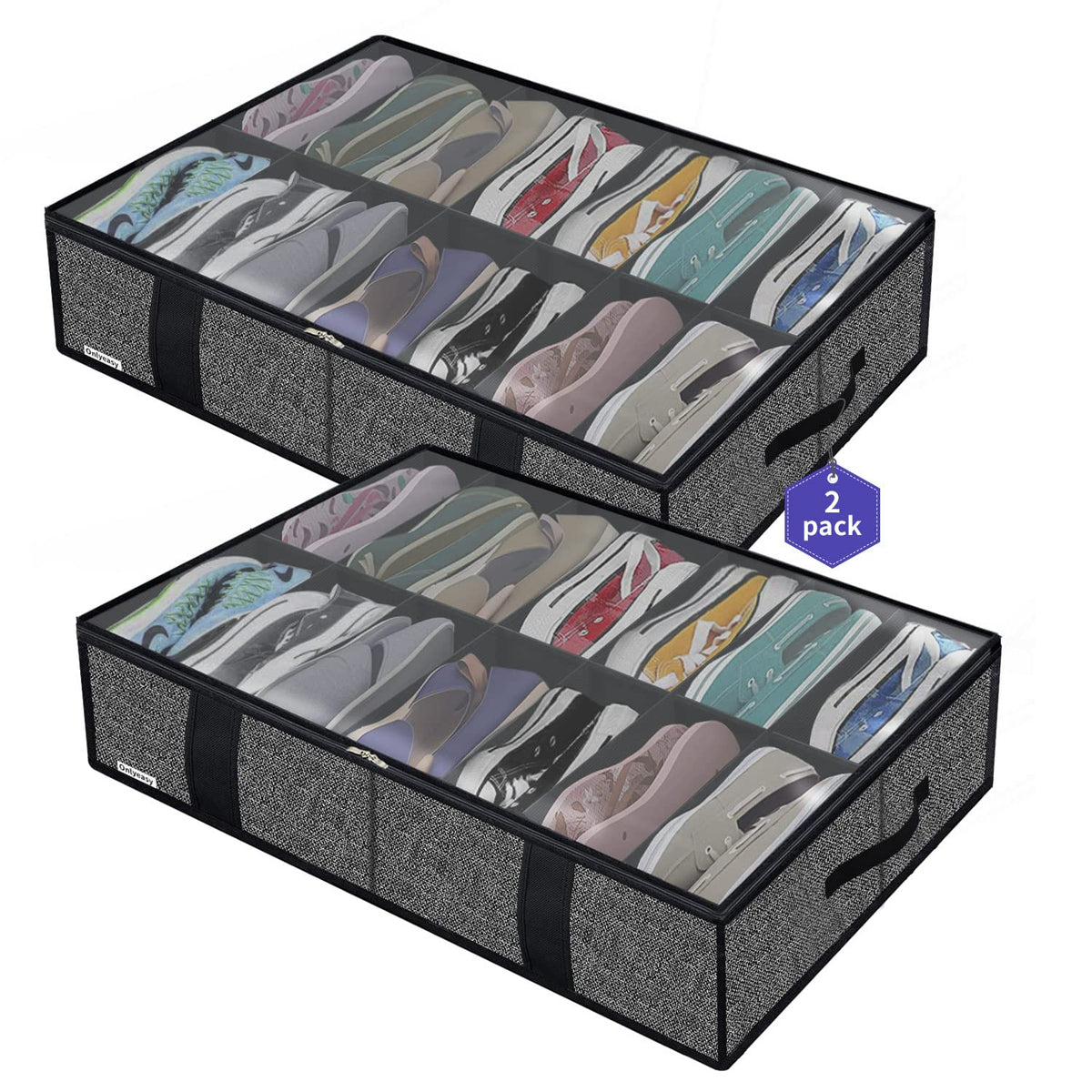Onlyeasy 2 Pack Under Bed Shoes Storage Bag Organizer (14+4 Pairs), Collapsible Shoe Boot Container with Handles, Underbed Storage Solution for Kids & Adults, 86x60x15cm, Linen-like Black, MXAUBS14S4