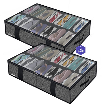 Onlyeasy 2 Pack Under Bed Shoes Storage Bag Organizer (14+4 Pairs), Collapsible Shoe Boot Container with Handles, Underbed Storage Solution for Kids & Adults, 86x60x15cm, Linen-like Black, MXAUBS14S4