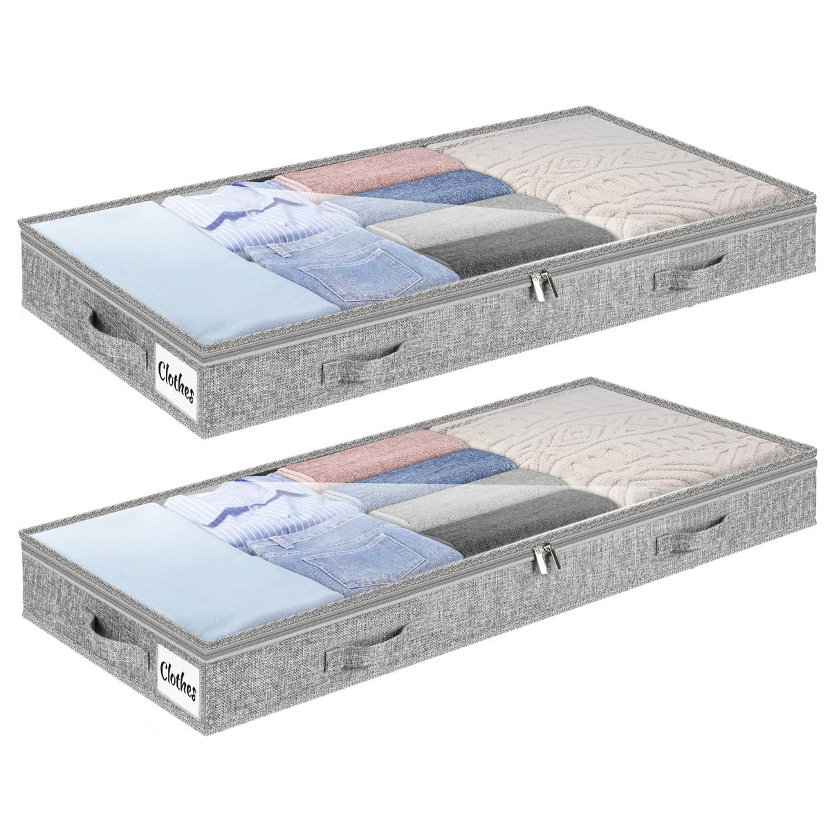 Under Bed Storage Container Bins 2 Pack, Low Profile Foldable Underbed Clothes Storage Organizer W/ Ultra Thick Fabric and Sturdy Bottom/Sides, Dual Zipper Storage Box for Dorm and Home 30x16x6.7"