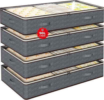 90L Under Bed Storage Containers,4-Pack Closet Organizer Storage Bins ,Grey