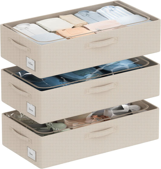 CYhom 3Pcs Under Bed Storage Bins with Metal Frame - Shoe Organizer for Closet with Clear Cover Oxford Fabric Sturdy Underbed Container Foldable Stackable Clothes Organizer (Beige, 23.5x11.8x6.3)