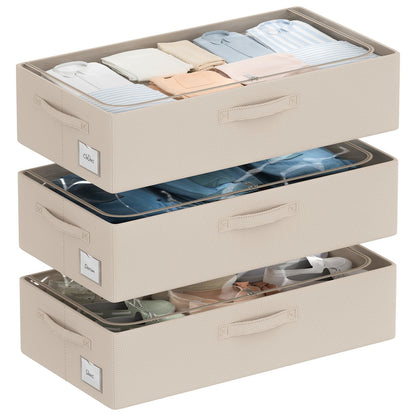 CYhom 3Pcs Under Bed Storage Bins with Metal Frame - Shoe Organizer for Closet with Clear Cover Oxford Fabric Sturdy Underbed Container Foldable Stackable Clothes Organizer (Beige, 23.5x11.8x6.3)