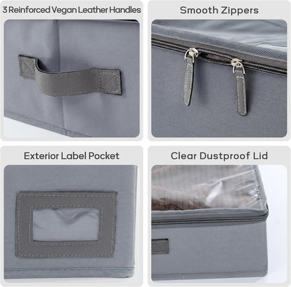 6" Versatile Under Bed Storage Bins (2-Pack, Charcoal Grey), Sturdy 600D Oxford Fabric Clothes Organizer Containers with Matching Vegan Leather Handles for Sweaters, Linens & Bedding