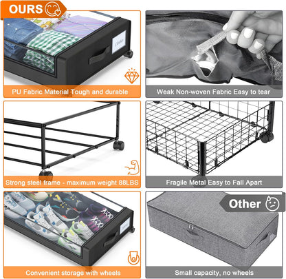 Under Bed Storage with Wheels, 2 Pack Under Bed Storage Containers with Clear Lids, XXL 65L Under Bed Storage Organizer, Rolling Under Bed Metal Drawer for Blanket, Clothes, Shoes (31 x 17 x 6.69 in)