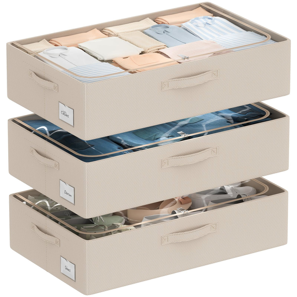 CYhom 3Pcs Under Bed Storage Bins with Metal Frame - Shoe Organizer for Closet with Clear Cover Oxford Fabric Sturdy Underbed Container Foldable Stackable Clothes Organizer (Beige, 23.5x11.8x6.3)