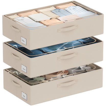 CYhom 3Pcs Under Bed Storage Bins with Metal Frame - Shoe Organizer for Closet with Clear Cover Oxford Fabric Sturdy Underbed Container Foldable Stackable Clothes Organizer (Beige, 23.5x11.8x6.3)
