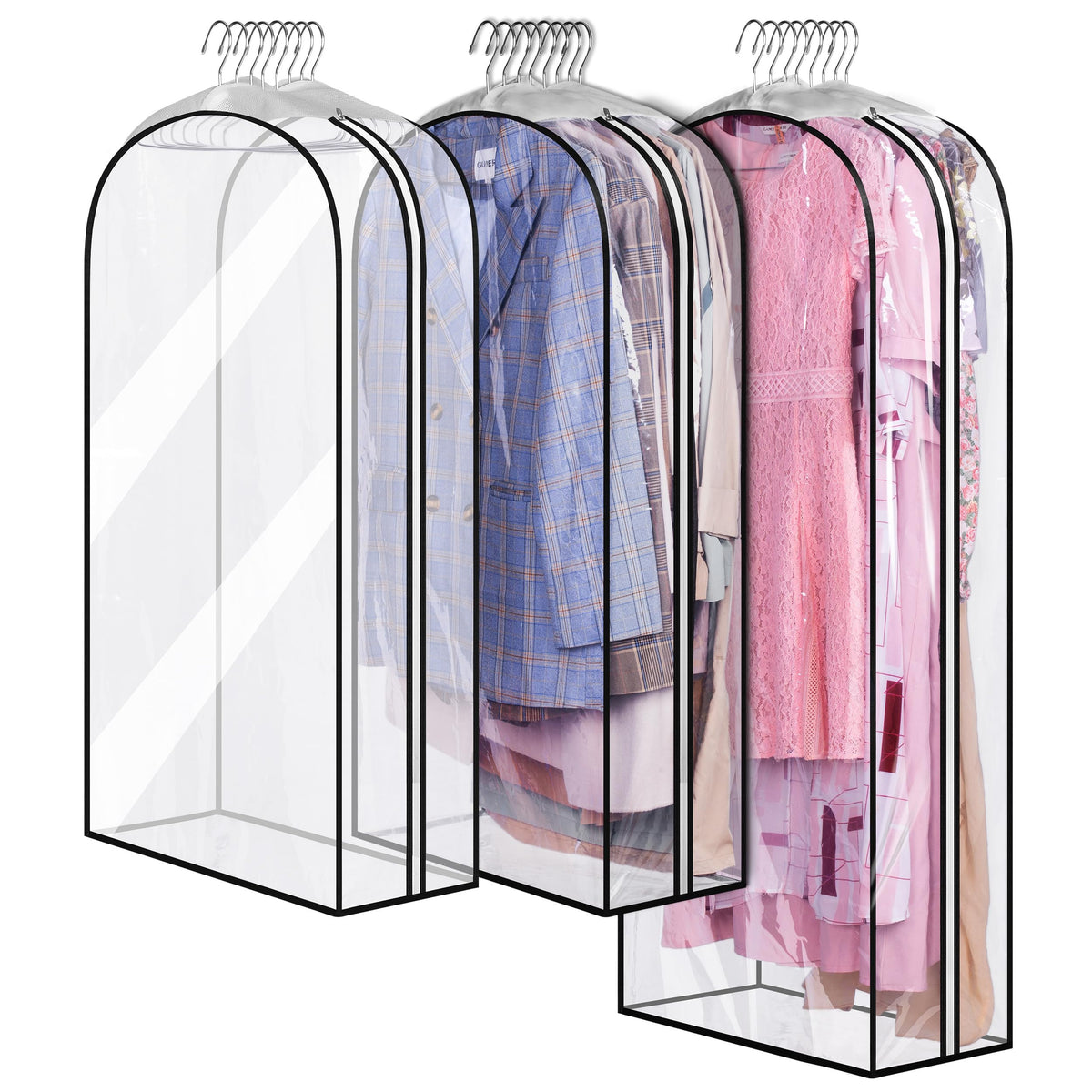 MISSLO 10" Gusseted All Clear Garment Bags for Hanging Clothes 60" Dress Bags for Gowns Long Fur Coat Closet Storage Covers, 3 Packs
