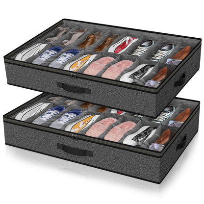 Under Bed Shoe Storage Organizer for Closet, 32 Pairs Sturdy Underbed Shoe Storage Boxes Bins Container Foldable Shoes Storage with Reinforced Handles & Clear Window for College Dorms Grey, Set of 2
