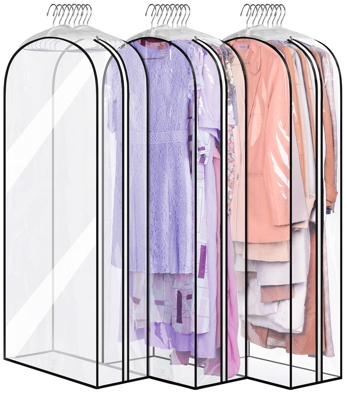 MISSLO 10" Gusseted All Clear Garment Bags for Hanging Clothes 60" Dress Bags for Gowns Long Fur Coat Closet Storage Covers, 3 Packs
