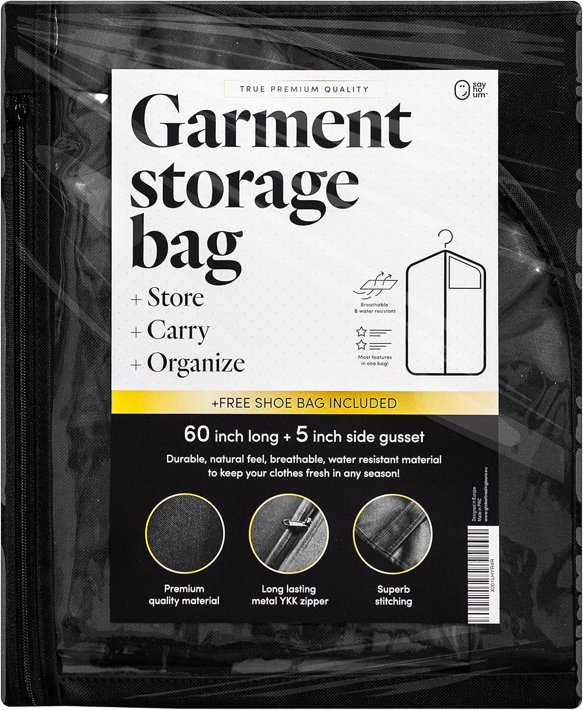 Luxury Storage Garment Bag for Long Coat, Fur, Mink, Gown, Vestment and Choir Robe | 60 Inch + 5 Inch Gusset Cover | Heavy Duty, Hanging, Breathable, Foldable Travel and Wardrobe Clothes Protector