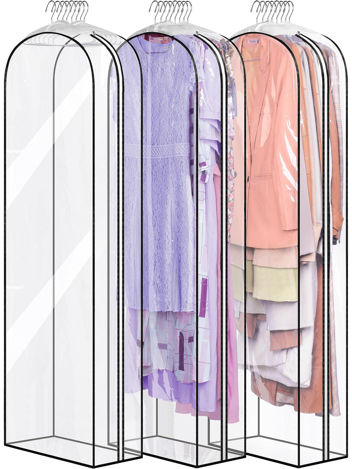 MISSLO 10" Gusseted All Clear Garment Bags for Hanging Clothes 60" Dress Bags for Gowns Long Fur Coat Closet Storage Covers, 3 Packs